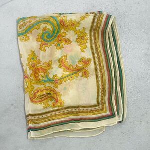 Vintage Scarf Rectangular Gold Green Paisley 100% Rayon Hand Rolled Japan 42X16
